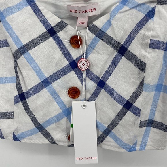 Red Carter Blue Plaid Linen Button Front Crop Top - Picture 6 of 8
